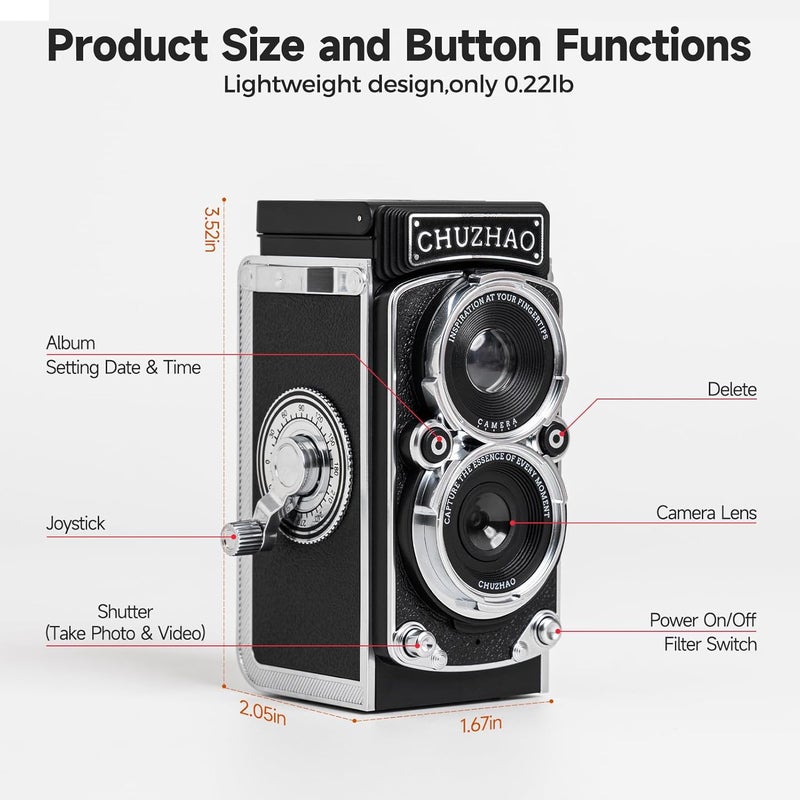Chocapt CHUZHAO Digital Camera Retro with Time Stamp - Portable Vintage TLR Style 1080p FHD Video 12MP Photos Autofocus Mini Vlogging Camera with 16GB Card for Beginners Teens Adults, Black - Image 5